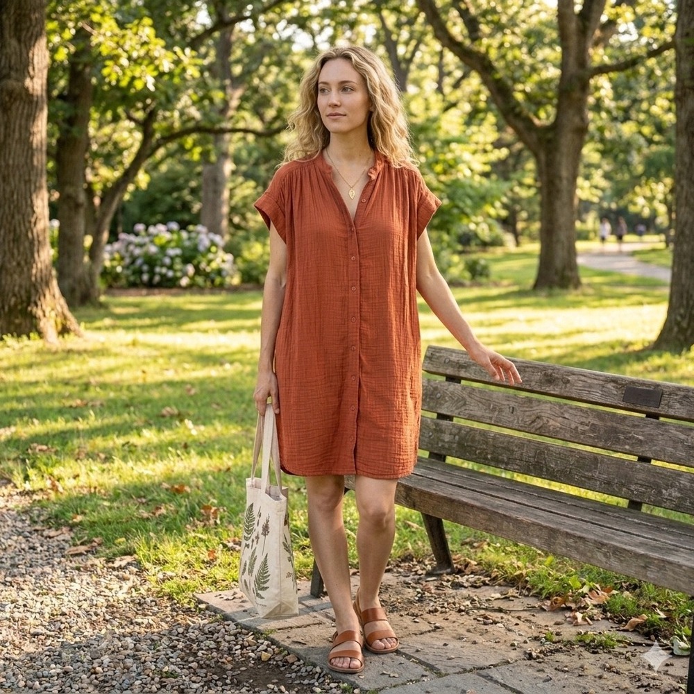 Wilfred Free Aritzia Rust Orange Organic Cotton Gauze Button Down Dress 2XS